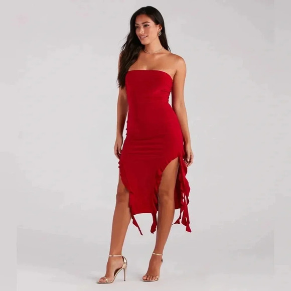 Windsor Flirtatious Aura Ruffled High Slit Midi Dress - Picture 2 of 4